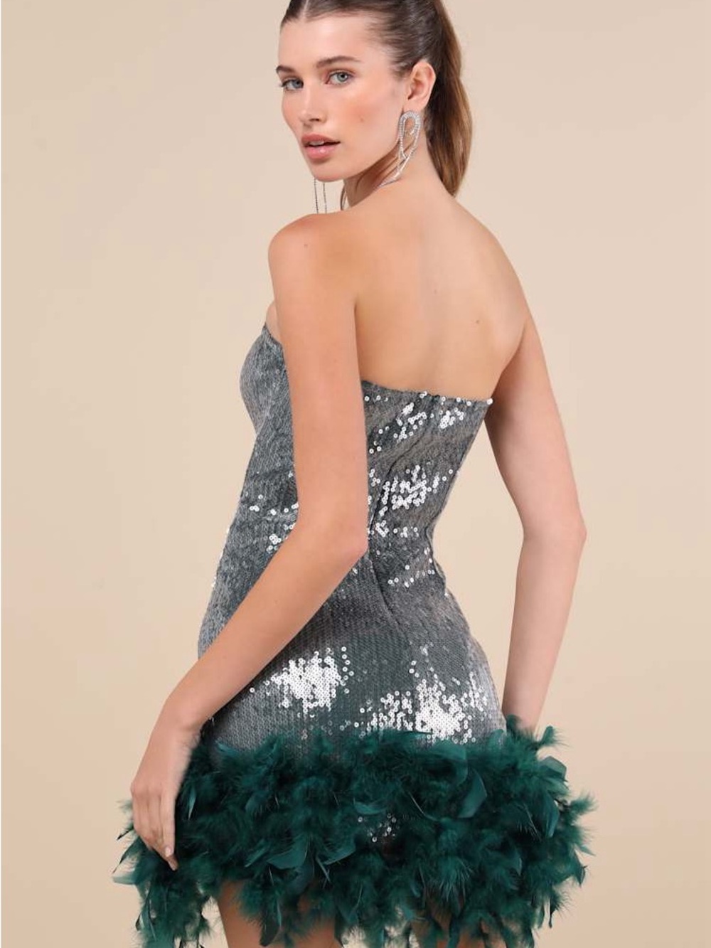Lulu's Especially Fabulous Emerald Sequin Feather Strapless Mini Dress